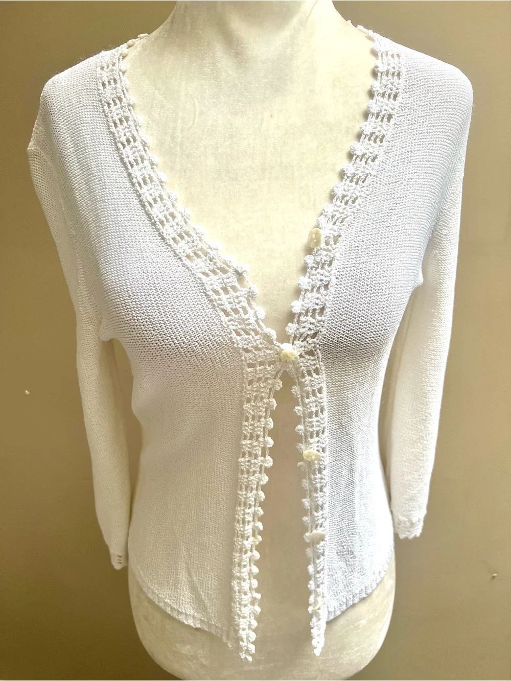 Sigrid Olsen White Crochet-Trim Tie-Front Cardigan Sz S/P